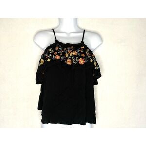 Shein Colorful Embroidered Floral Tank Top Spaghetti Strap Black XL Artsy